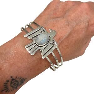 Thunderbird Moonstone Cuff Bracelet Sterling Silver Plated Adjustable